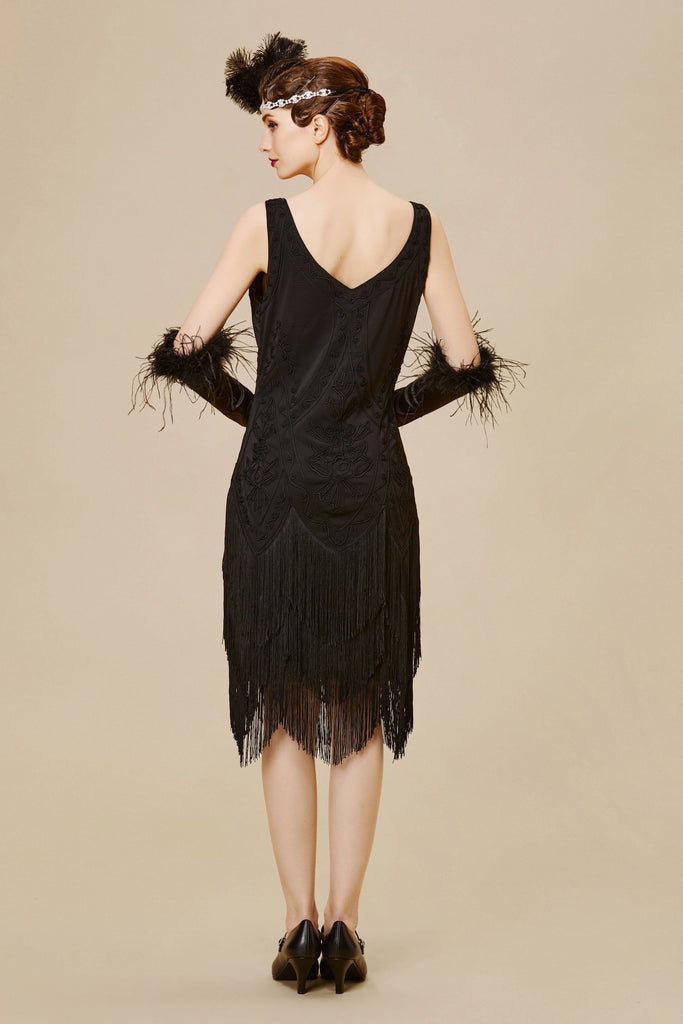 1920s Embroidery Retro Midi Flapper Dress - Babeyond UK