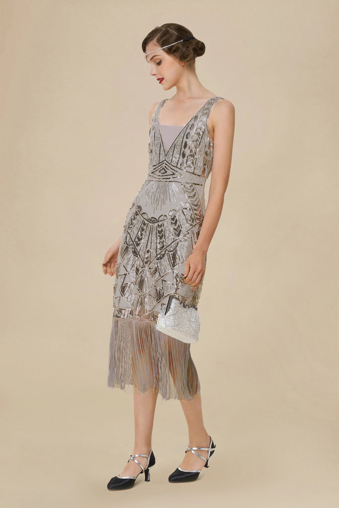 Glitter Sequin V-Neck Art Deco Slip Dress - Babeyond UK