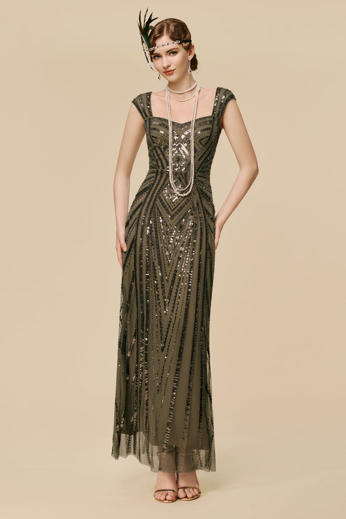 Art Deco Olive Green Sequin Evening Gown - Babeyond UK