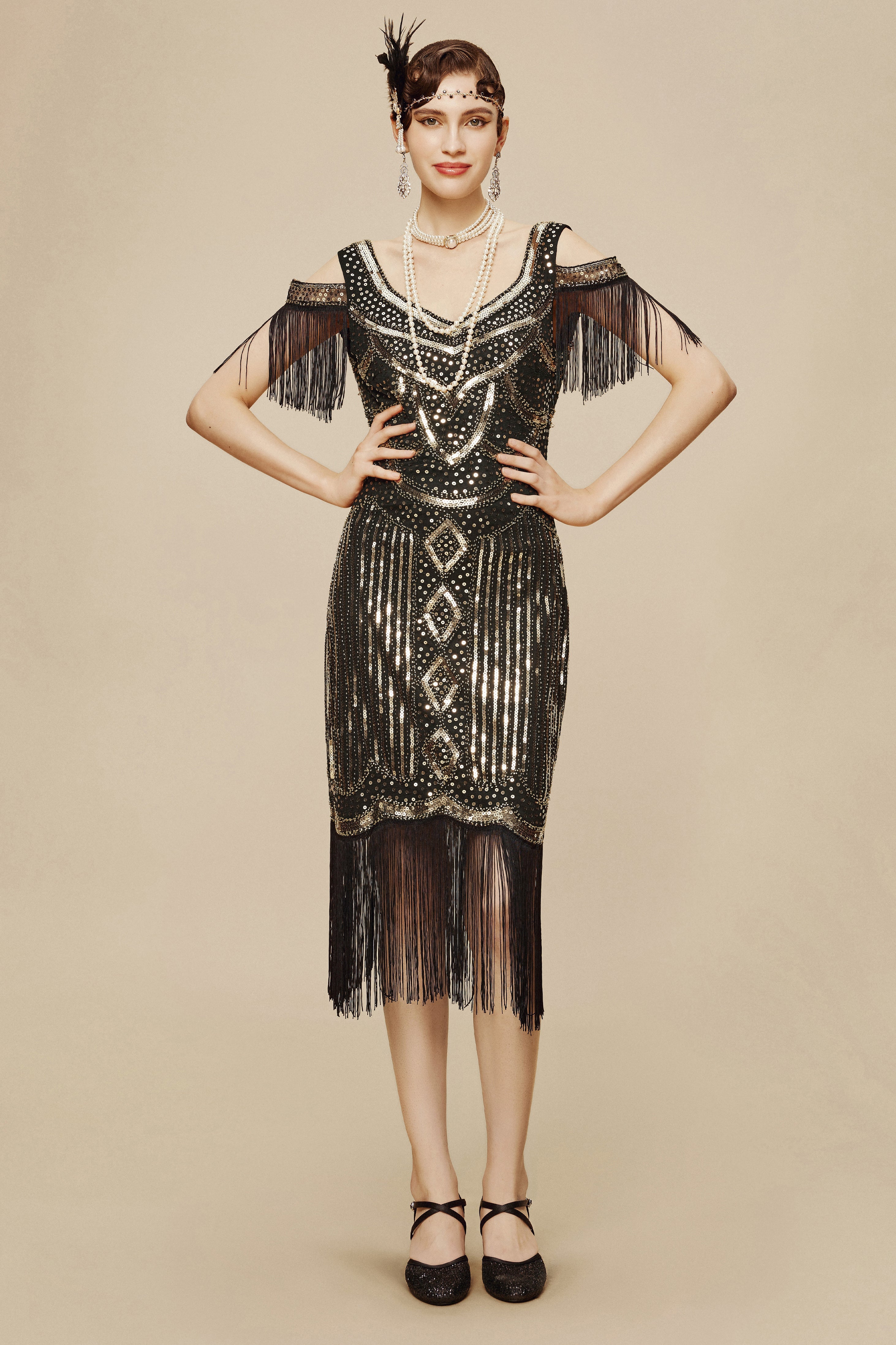 Beaded Off Shoulder Flapper Dress - Main Image