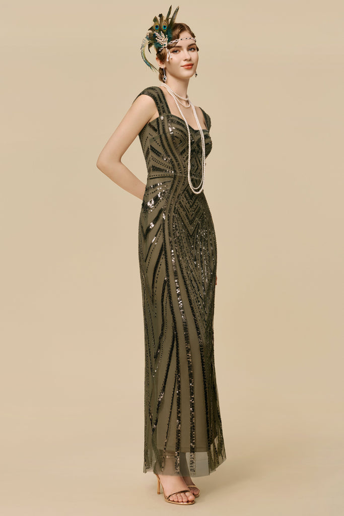 Art Deco Olive Green Sequin Evening Gown - Babeyond UK