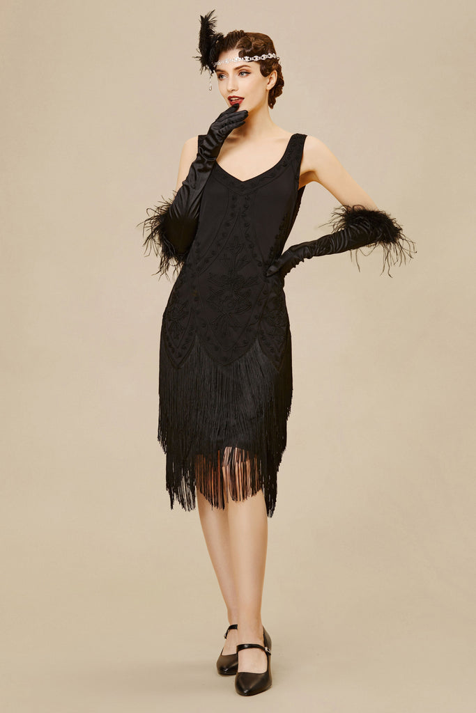 1920s Embroidery Retro Midi Flapper Dress - Babeyond UK