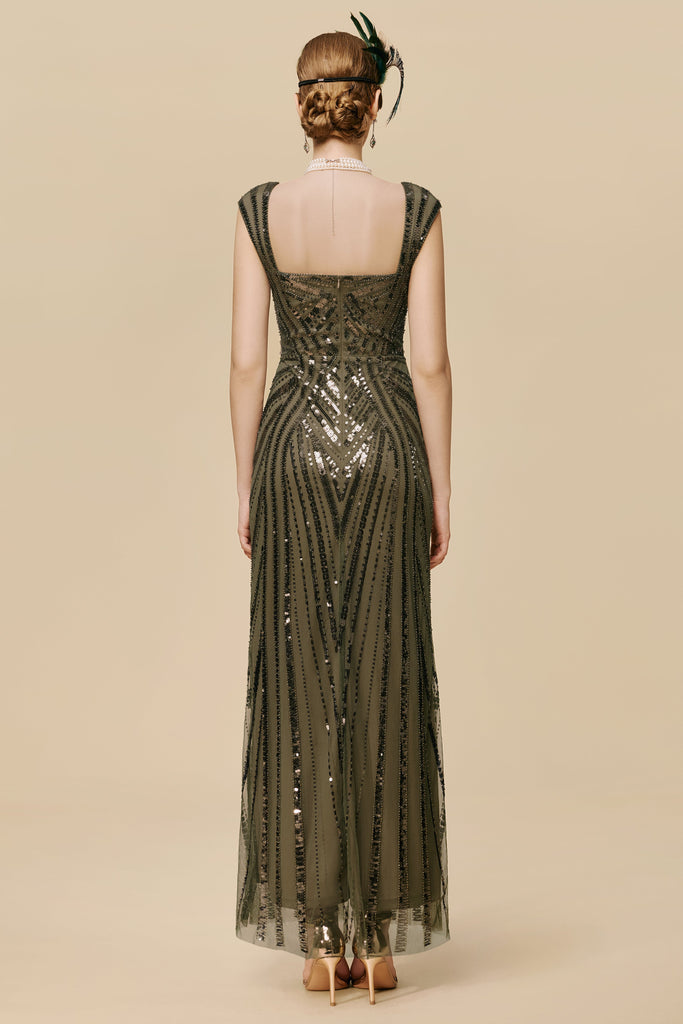 Art Deco Olive Green Sequin Evening Gown - Babeyond UK