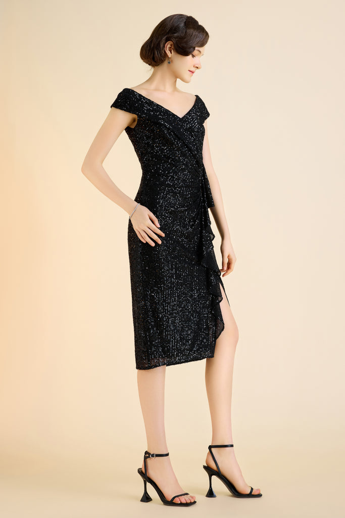 Draped Cascading Ruffle Sequin Flapper Dress - Babeyond UK