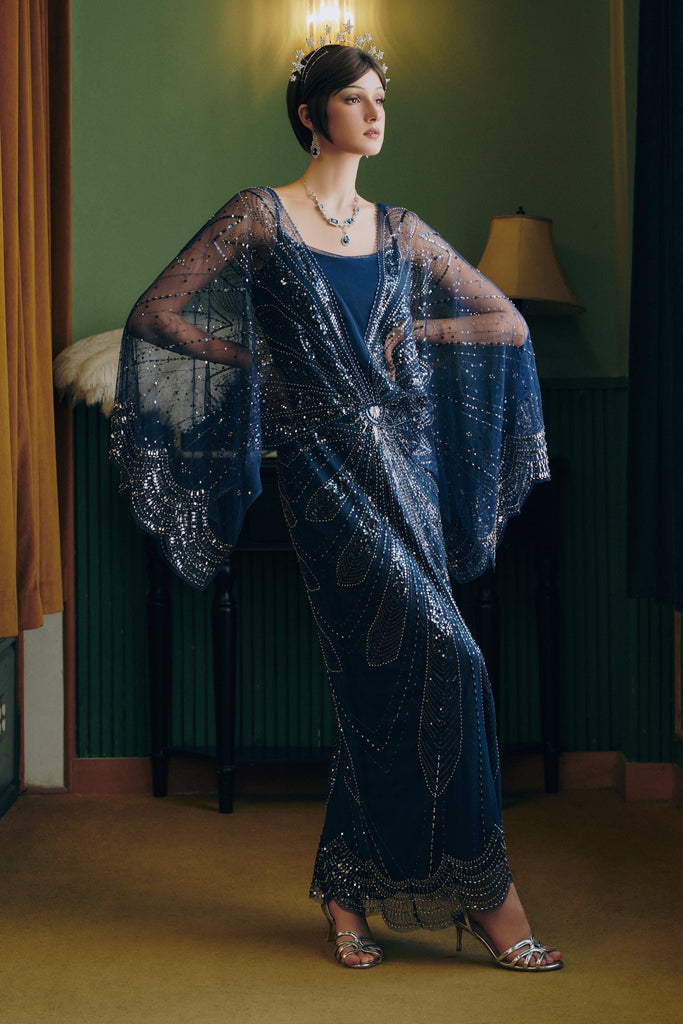 Sapphire Symphony Cape-Sleeve Evening Gown - Babeyond UK