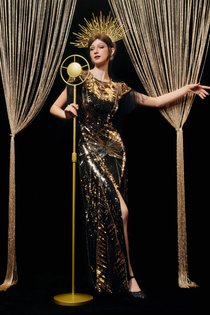 Art Deco Golden Starburst Fringe Evening Gown - Babeyond UK