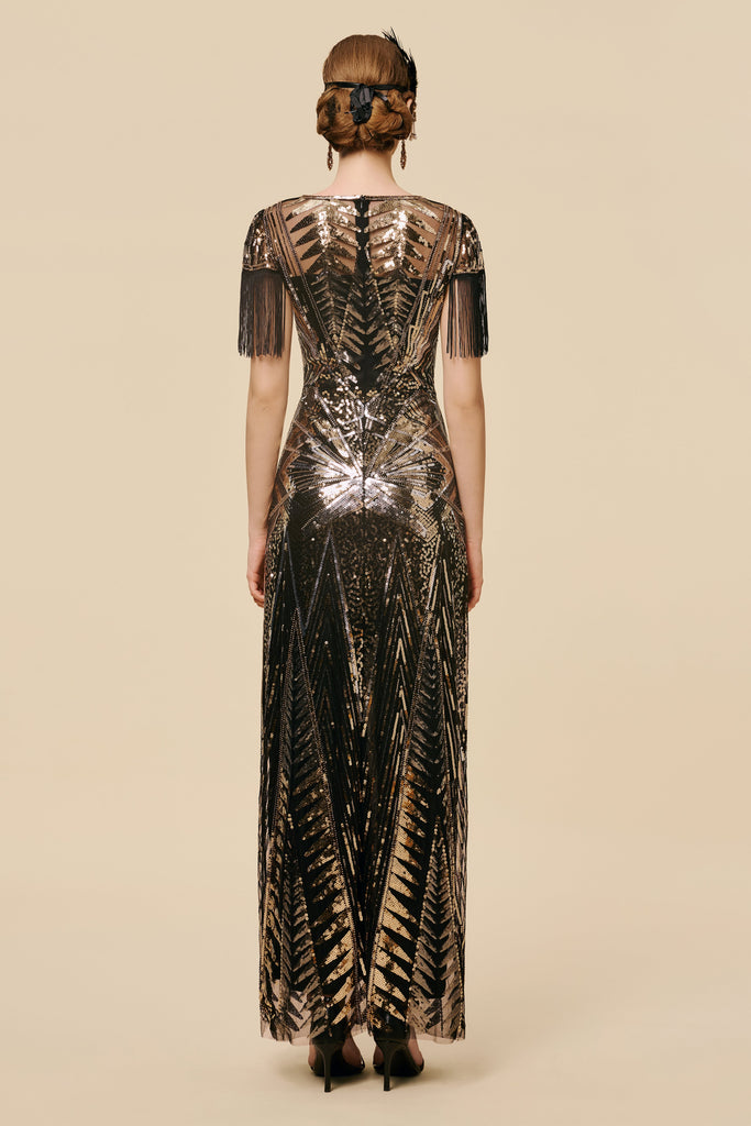 Art Deco Golden Starburst Fringe Evening Gown - Babeyond UK