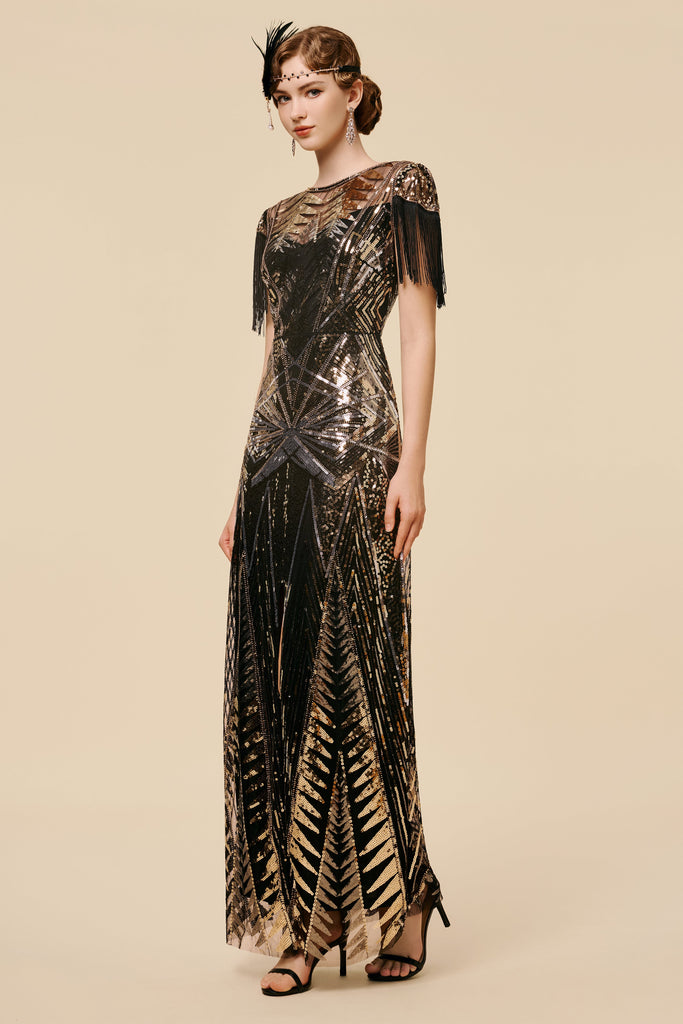 Art Deco Golden Starburst Fringe Evening Gown - Babeyond UK