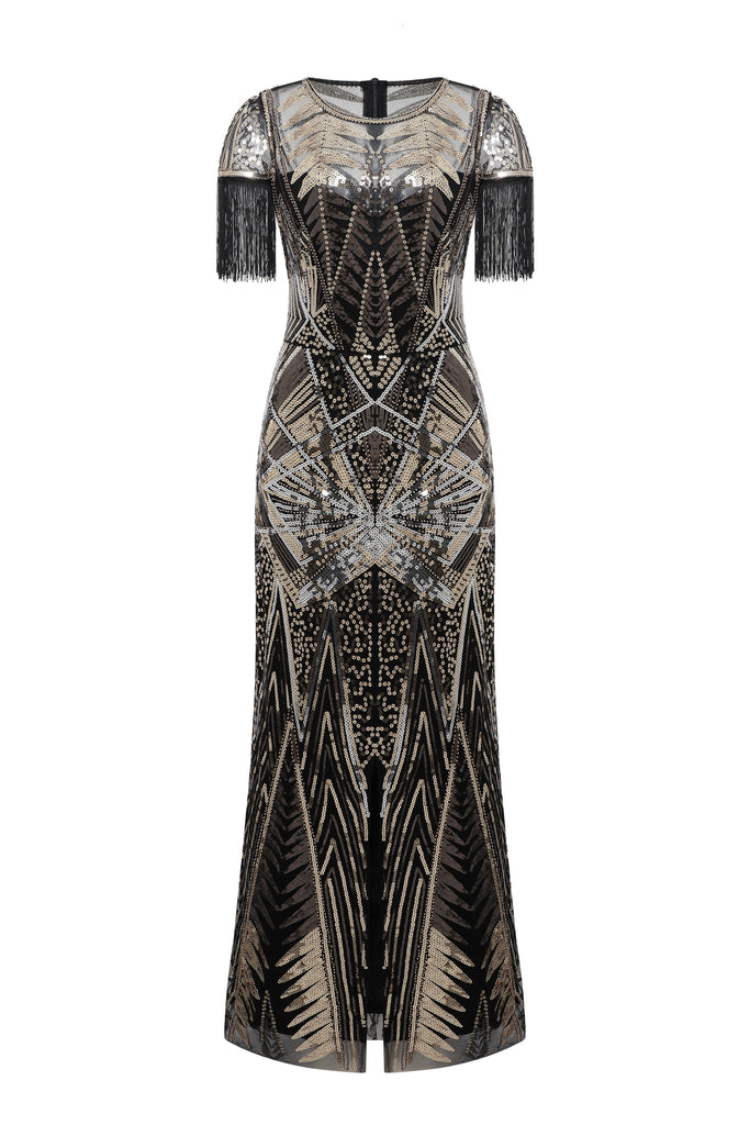 Art Deco Golden Starburst Fringe Evening Gown - Babeyond UK