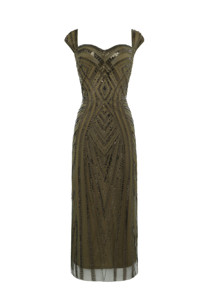 Art Deco Olive Green Sequin Evening Gown - Babeyond UK