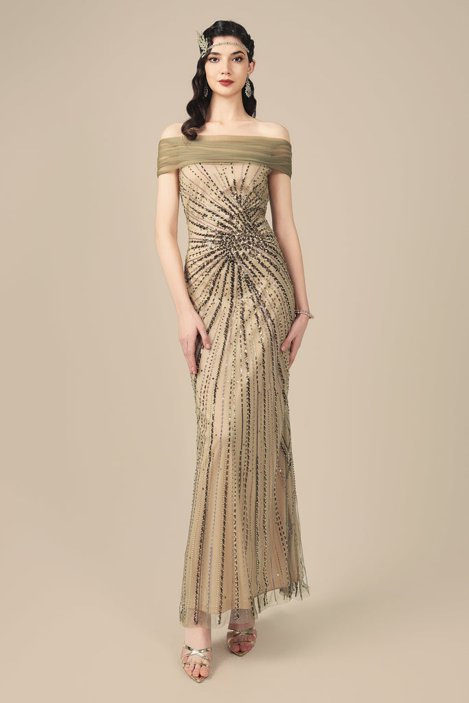 Art Deco Starburst Beaded Evening Gown - Babeyond UK