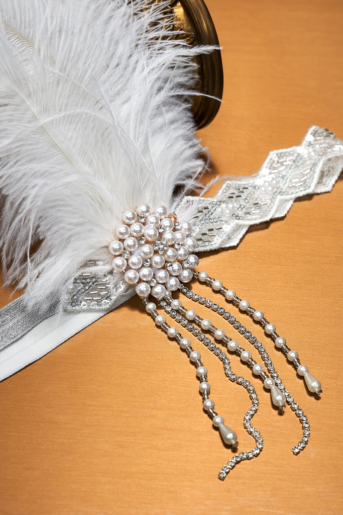 Beaded Rhinestone Floral Feather Headband - Babeyond UK