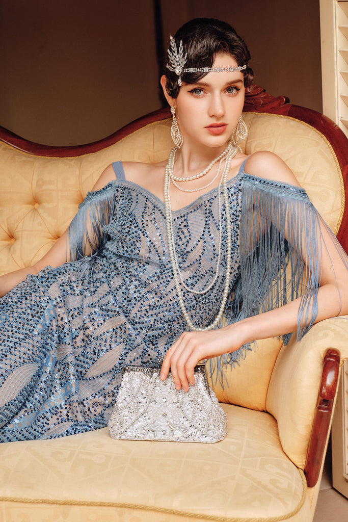 Beaded Wave Pattern Fringe Evening Gown - Babeyond UK