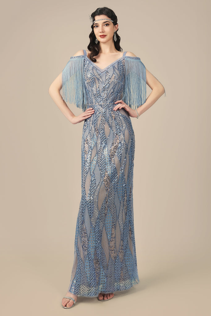 Beaded Wave Pattern Fringe Evening Gown - Babeyond UK