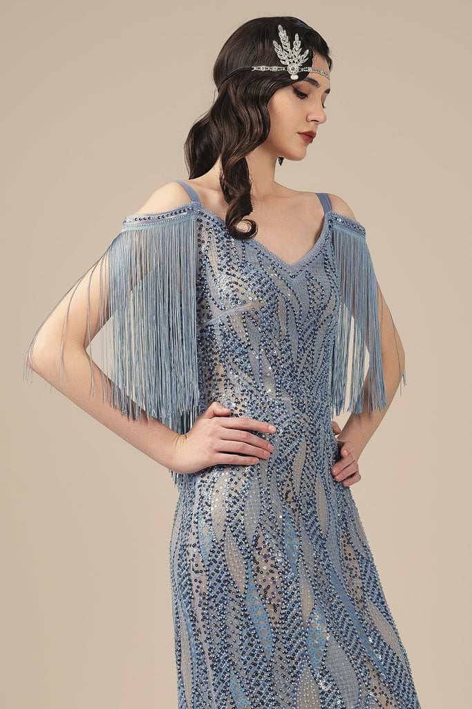 Beaded Wave Pattern Fringe Evening Gown - Babeyond UK