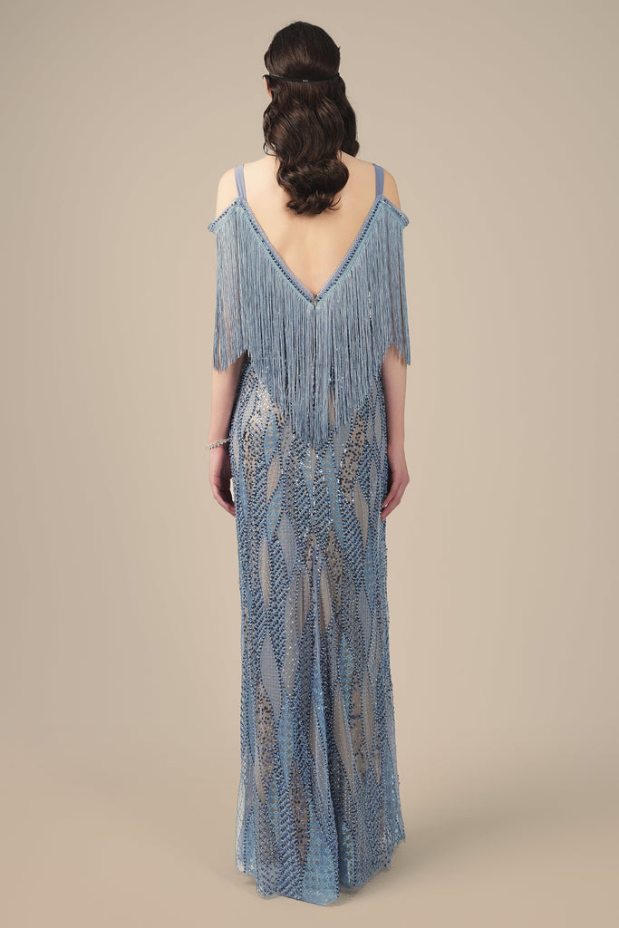 Beaded Wave Pattern Fringe Evening Gown - Babeyond UK