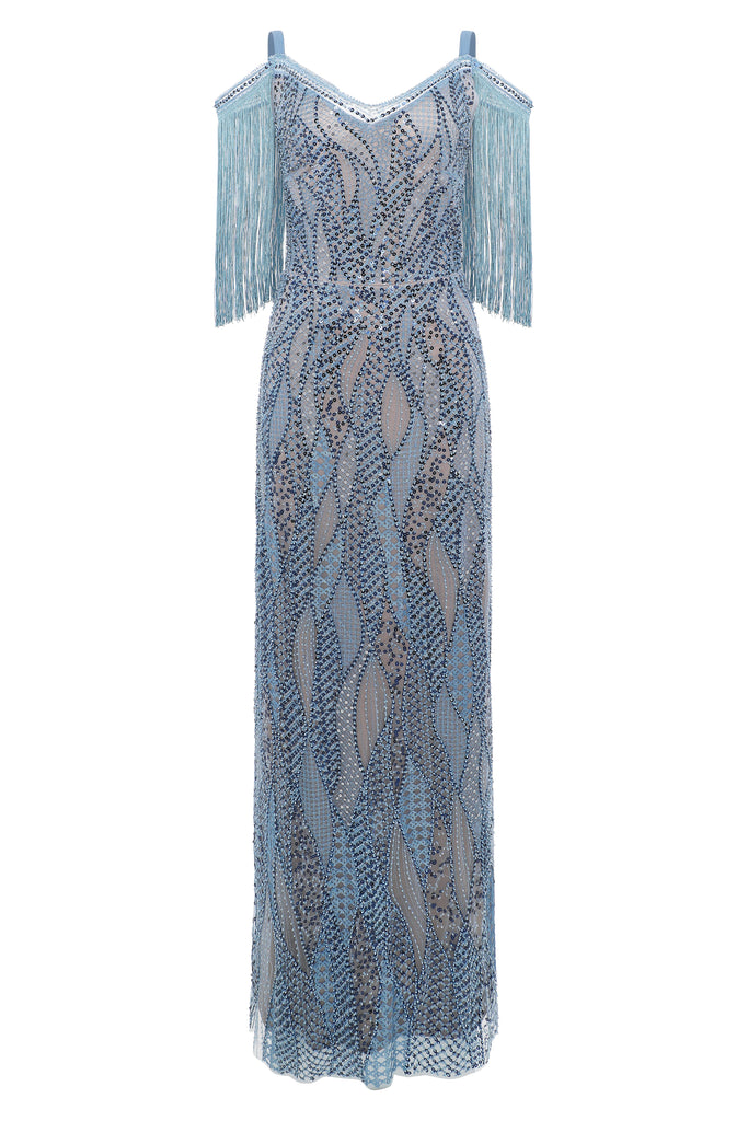 Beaded Wave Pattern Fringe Evening Gown - Babeyond UK