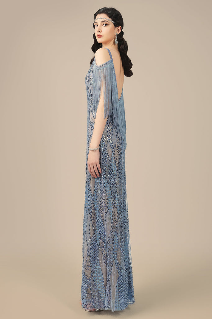 Beaded Wave Pattern Fringe Evening Gown - Babeyond UK