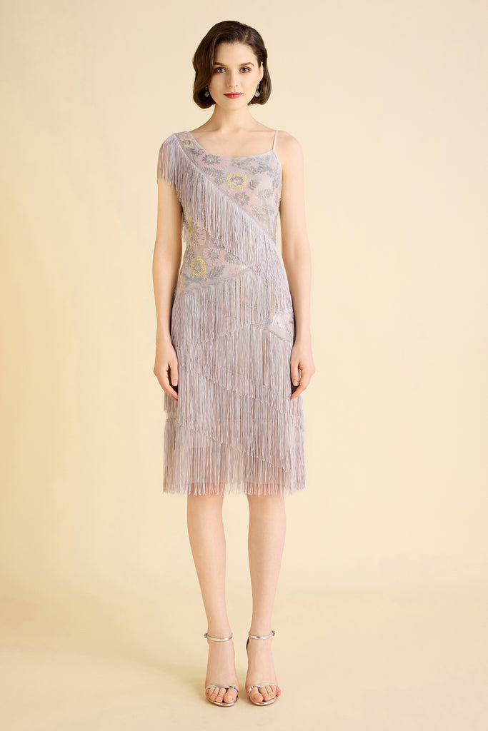 Charming Floral Beaded Fringe Flapper Dress - Babeyond UK