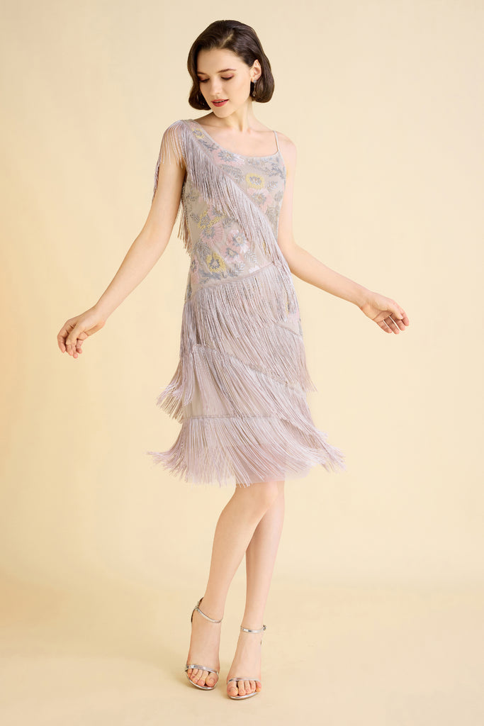 Charming Floral Beaded Fringe Flapper Dress - Babeyond UK