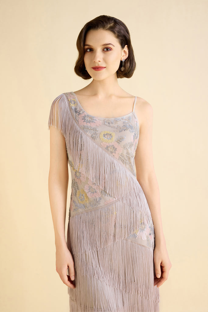 Charming Floral Beaded Fringe Flapper Dress - Babeyond UK