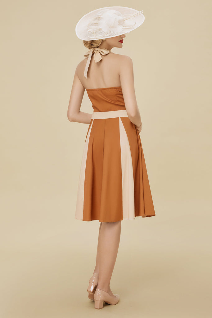 Classic Halter Neck Contrast Panel Swing Dress - Babeyond UK