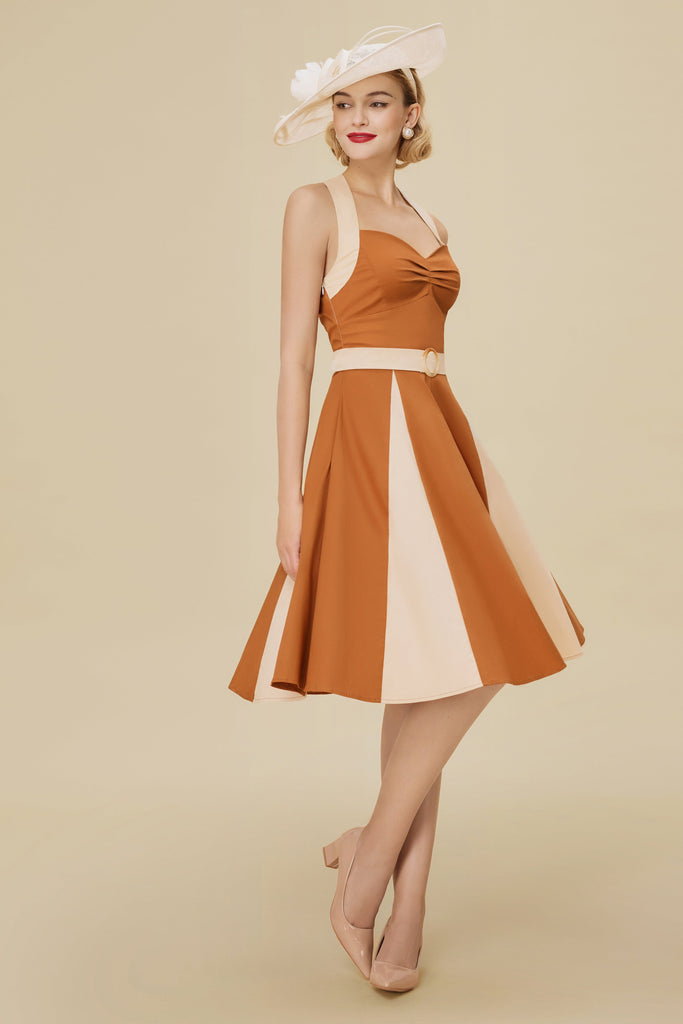 Classic Halter Neck Contrast Panel Swing Dress - Babeyond UK