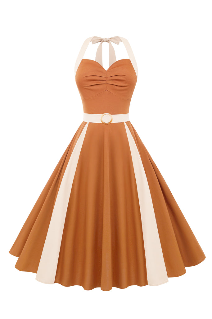 Classic Halter Neck Contrast Panel Swing Dress - Babeyond UK