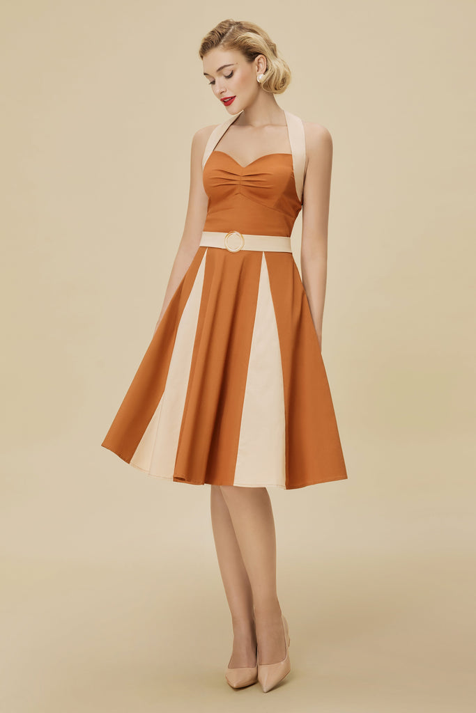 Classic Halter Neck Contrast Panel Swing Dress - Babeyond UK