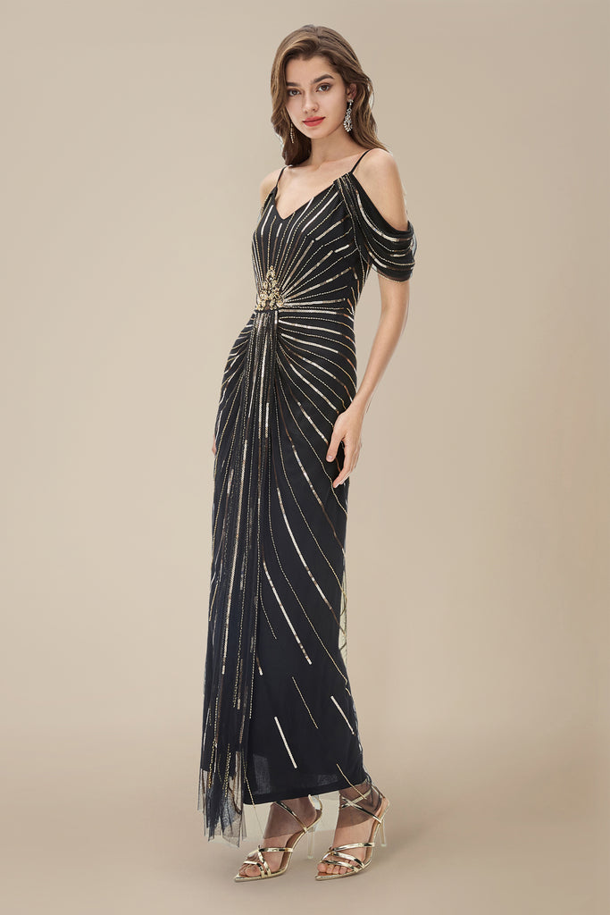 Dazzling Cold-Shoulder Sequin Evening Gown - Babeyond UK