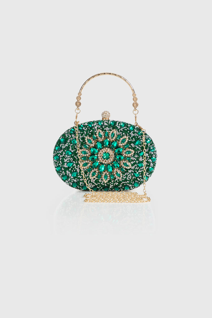 Elegant Emerald Jeweled Oval Clutch - Babeyond UK