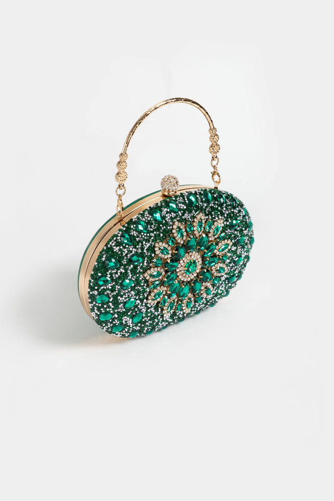 Elegant Emerald Jeweled Oval Clutch - Babeyond UK