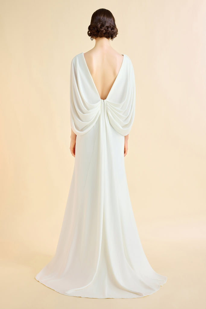 Elegant Low Back Couture Draped Cape Evening Gown - Babeyond UK