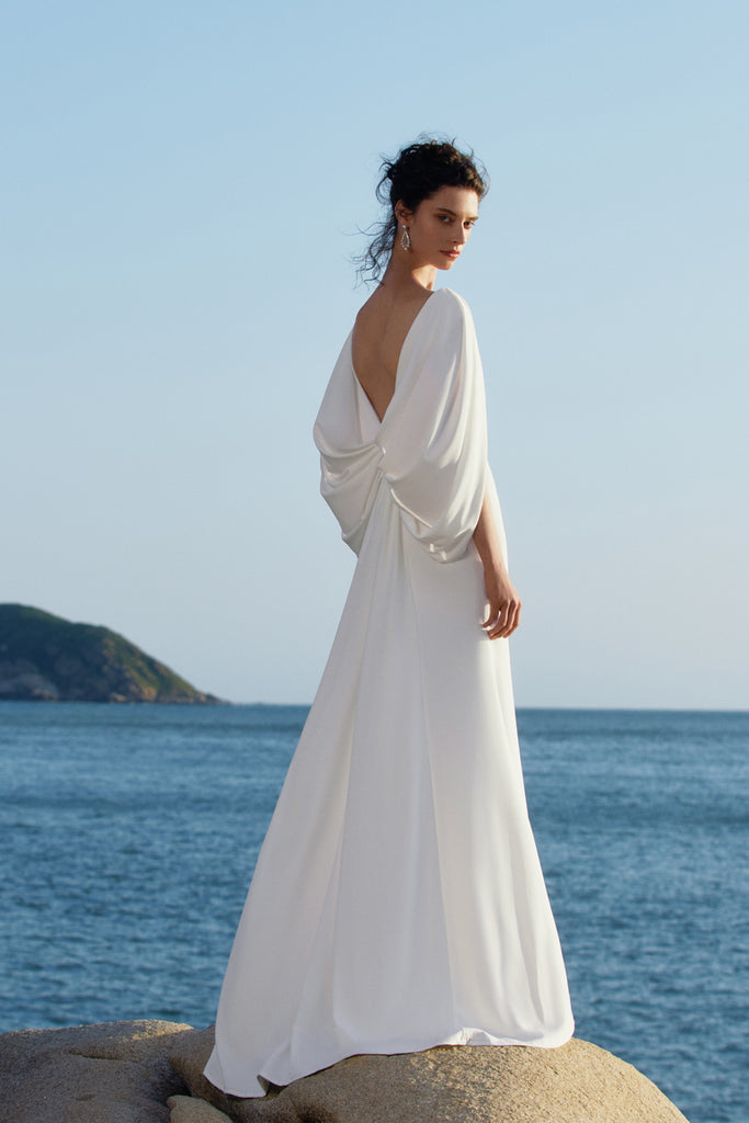 Elegant Low Back Couture Draped Cape Evening Gown - Babeyond UK