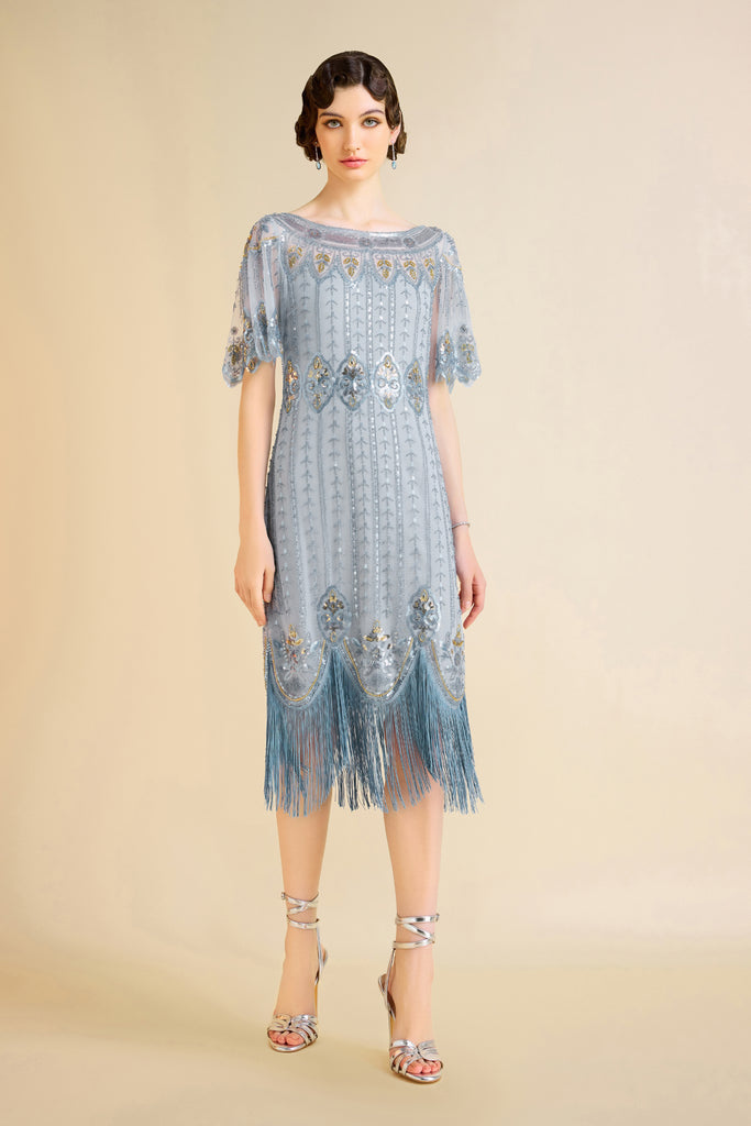 Floral Contrast Beaded Fringe Flapper Dress - Babeyond UK