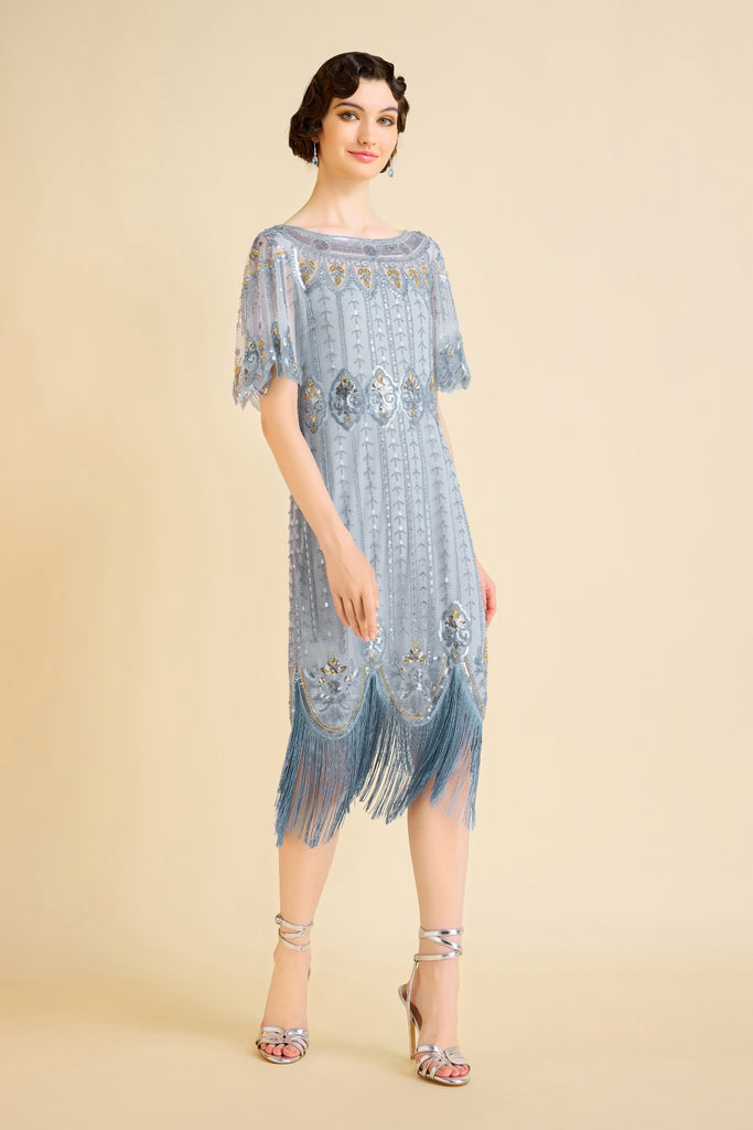 Floral Contrast Beaded Fringe Flapper Dress - Babeyond UK