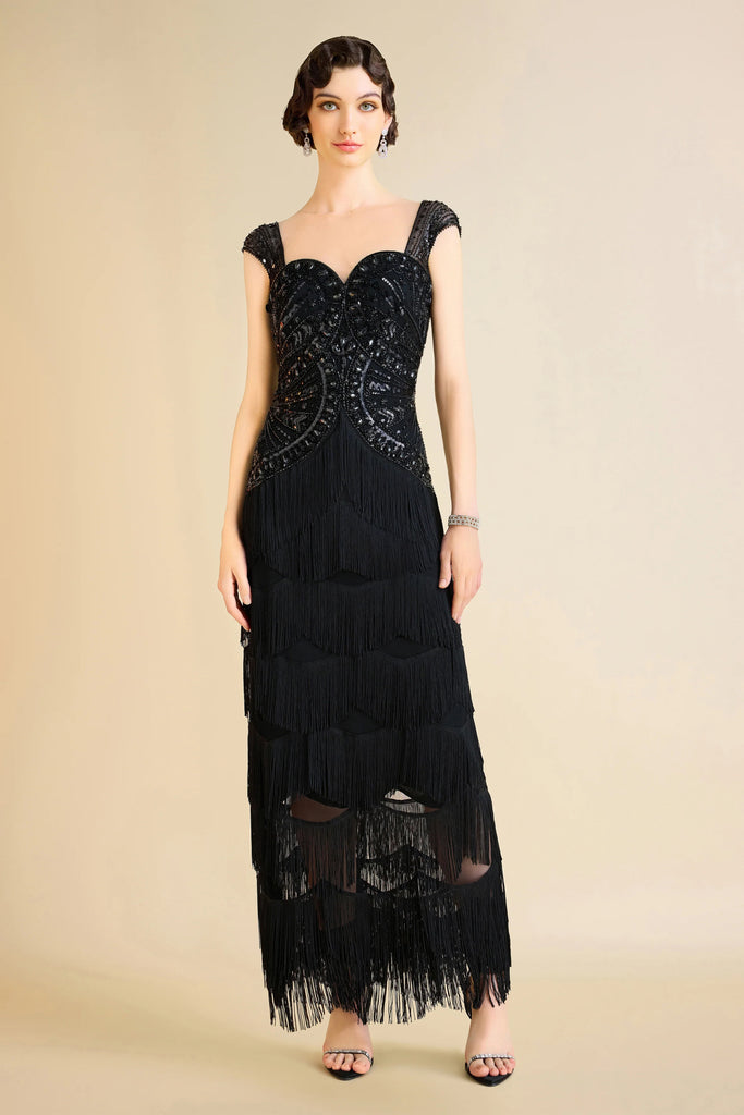 Geometric Rhinestone Fringe Evening Gown - Babeyond UK