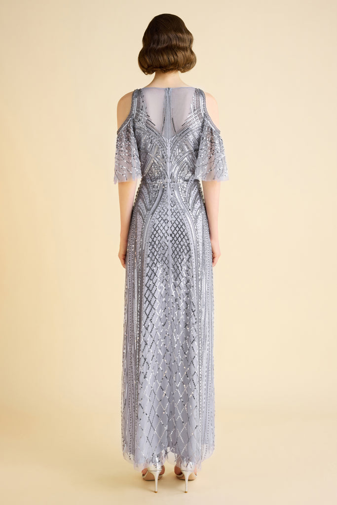 Glamorous Cold-Shoulder Beaded Evening Gown - Babeyond UK