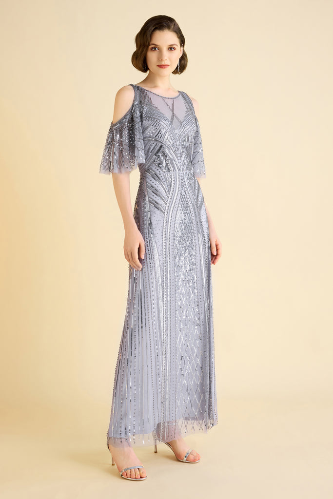 Glamorous Cold-Shoulder Beaded Evening Gown - Babeyond UK