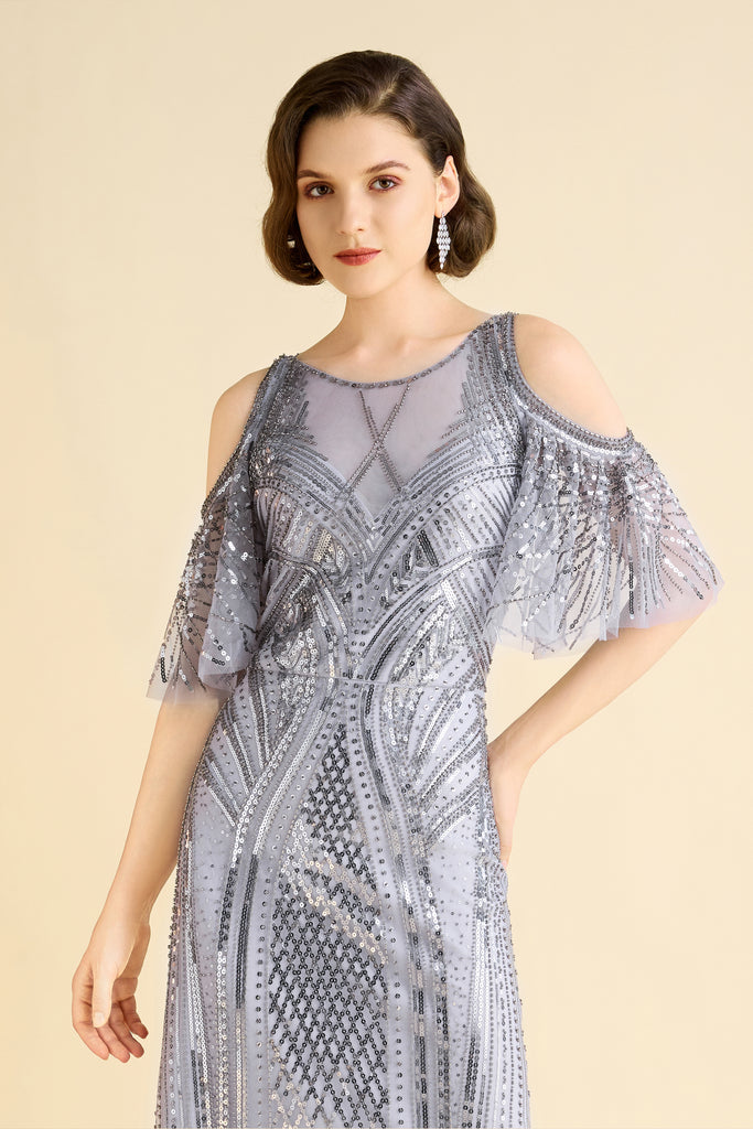 Glamorous Cold-Shoulder Beaded Evening Gown - Babeyond UK