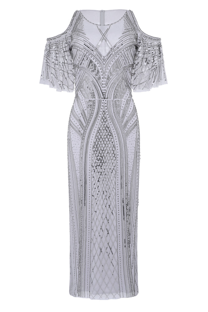 Glamorous Cold-Shoulder Beaded Evening Gown - Babeyond UK