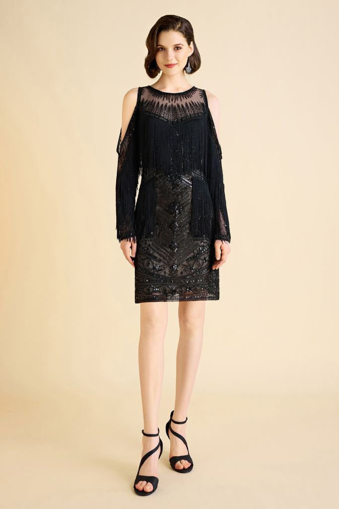 Glamorous Off-Shoulder Beaded Fringe Flapper Dress - Babeyond UK