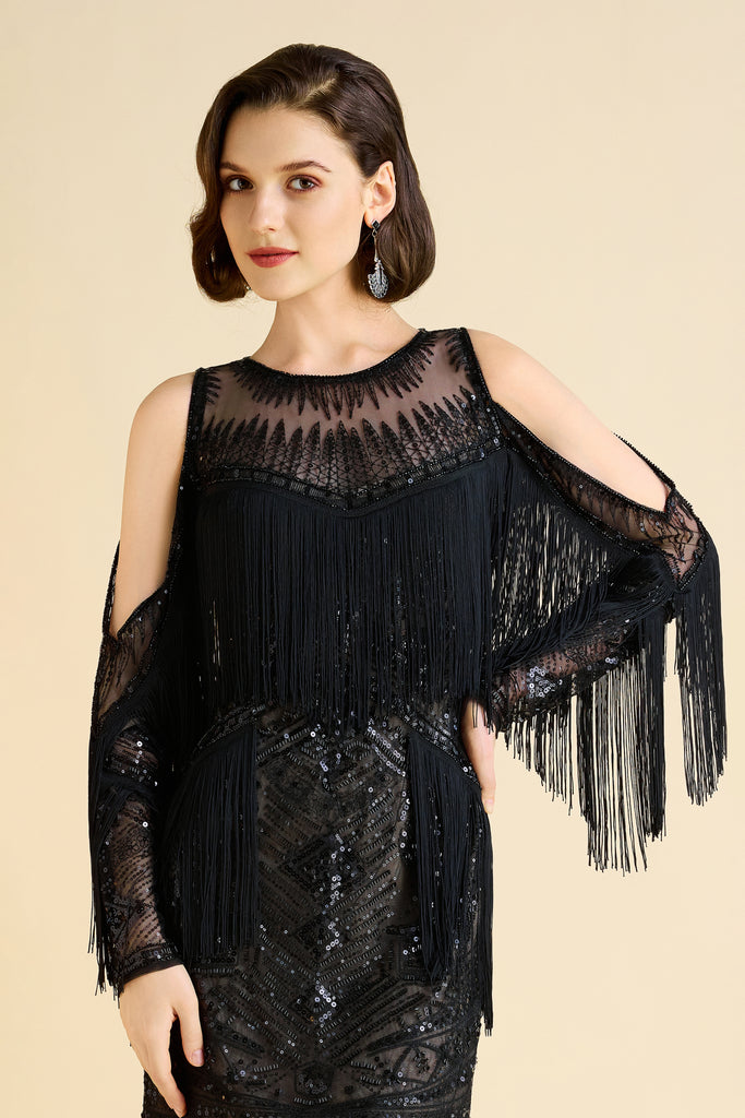 Glamorous Off-Shoulder Beaded Fringe Flapper Dress - Babeyond UK