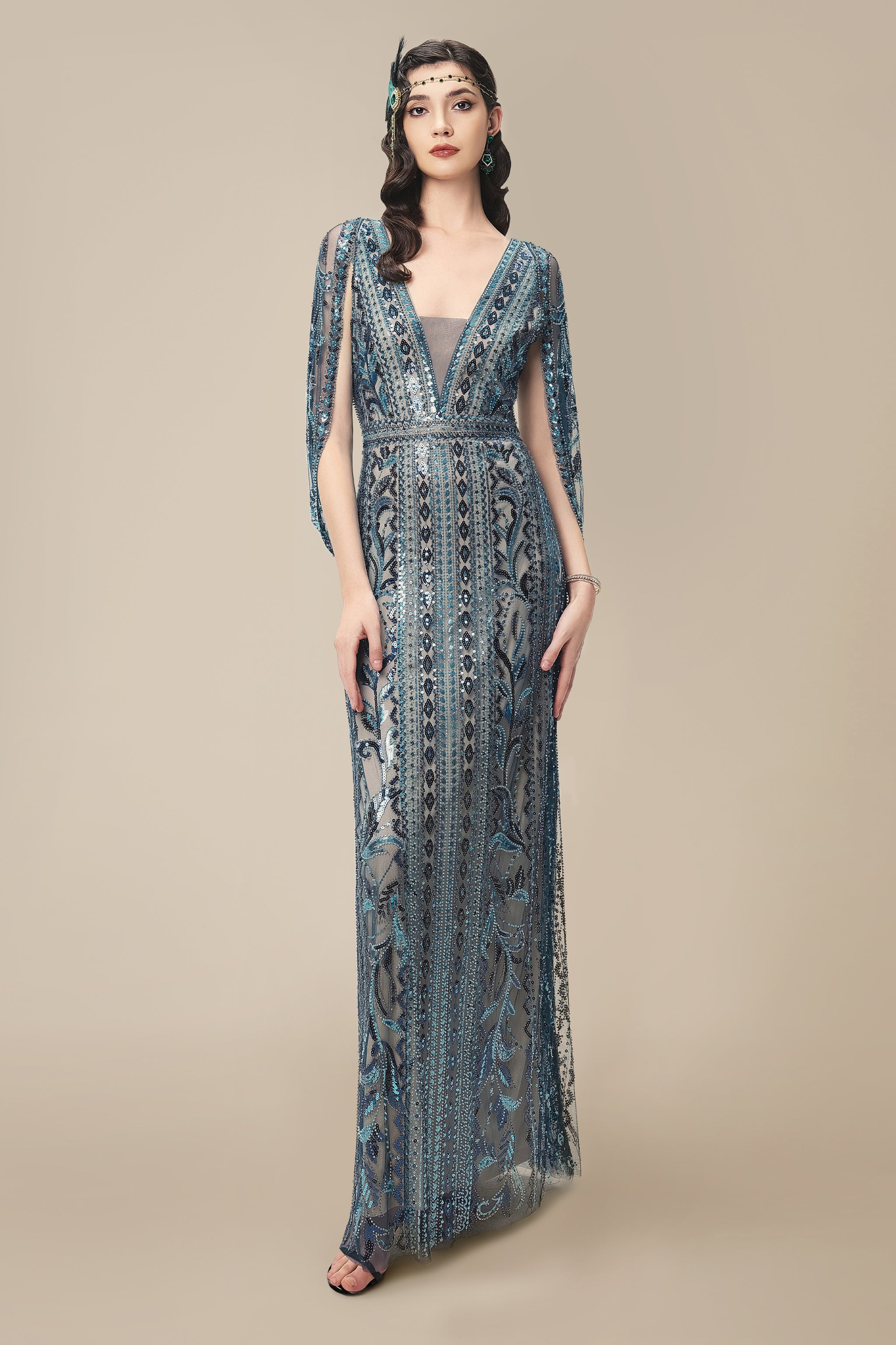 knee length dresses for ladies Flared Sleeve Embroidered Maxi Dress - Navy Blue