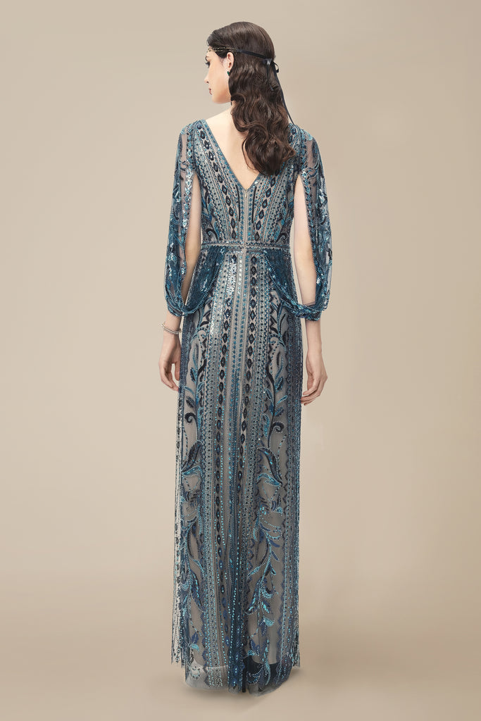 Glittering Sheer-Sleeve Sequined Evening Gown - Babeyond UK