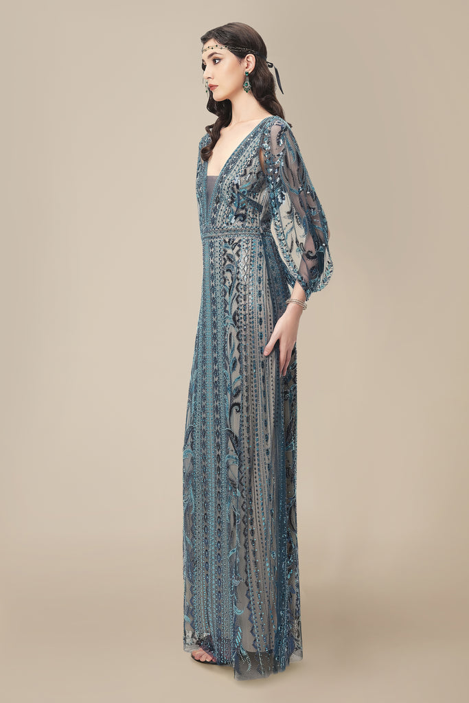 Glittering Sheer-Sleeve Sequined Evening Gown - Babeyond UK