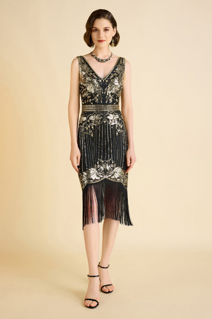 Opulent Floral Beaded Fringe Flapper Dress - Babeyond UK