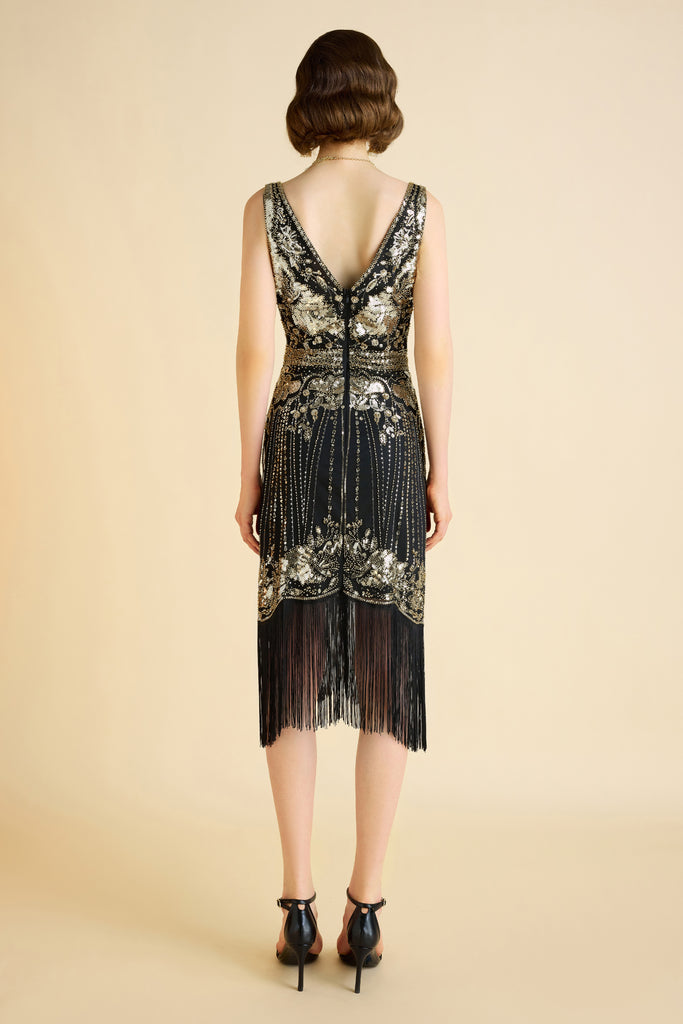 Opulent Floral Beaded Fringe Flapper Dress - Babeyond UK