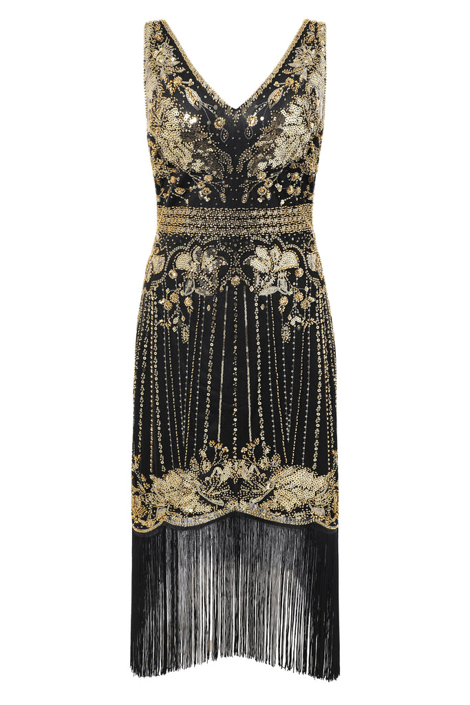 Opulent Floral Beaded Fringe Flapper Dress - Babeyond UK