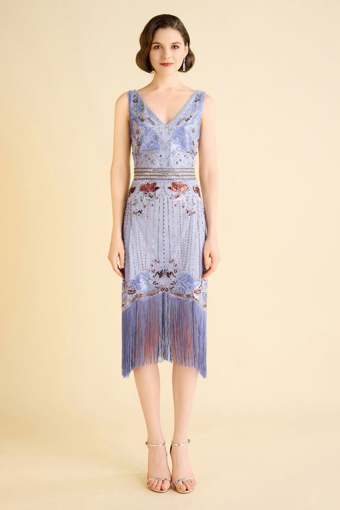 Opulent Floral Beaded Fringe Flapper Dress - Babeyond UK